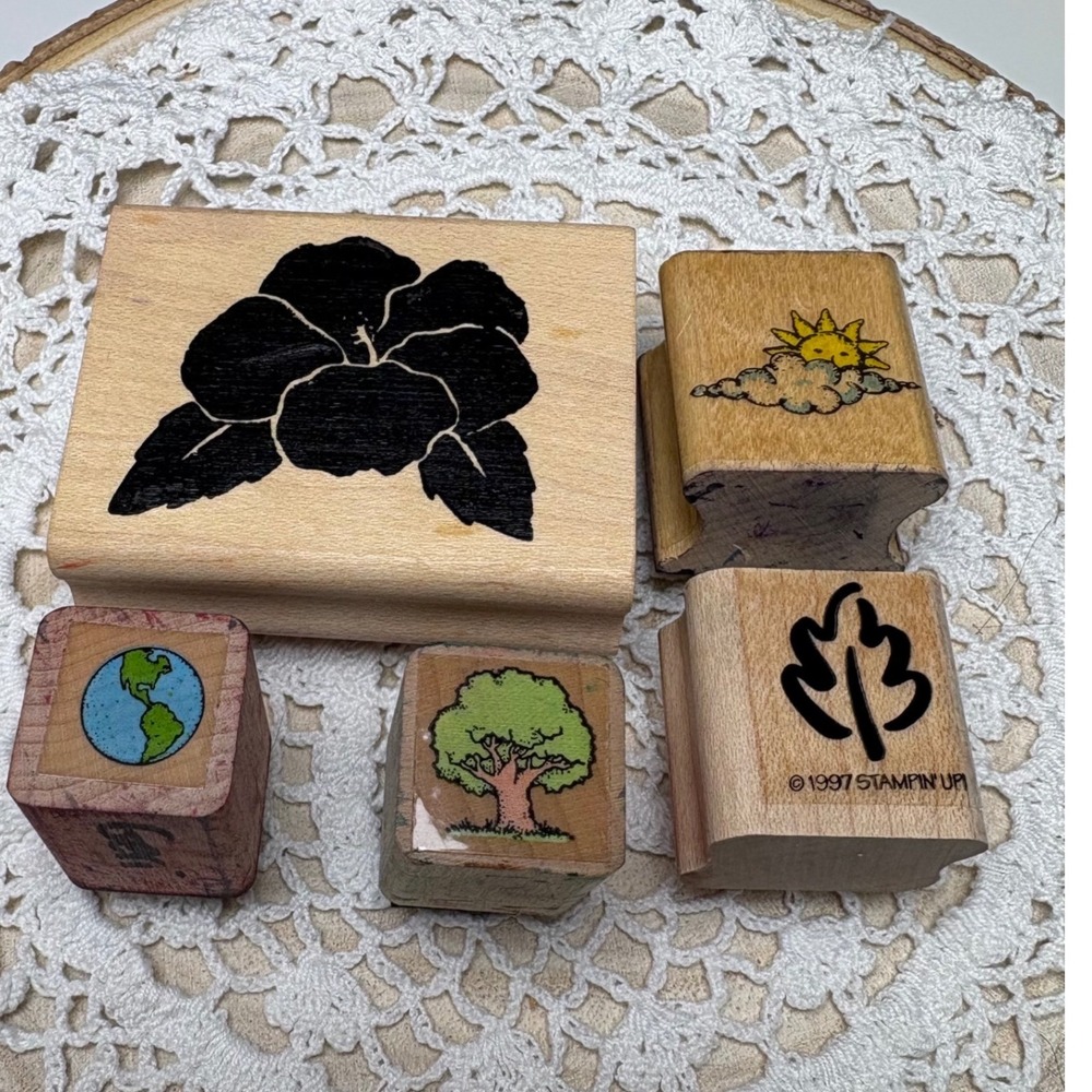 Vintage Nature Stamp Lot Wood Mounted Rubber Stamps Flower Leaf Tree Earth Sun